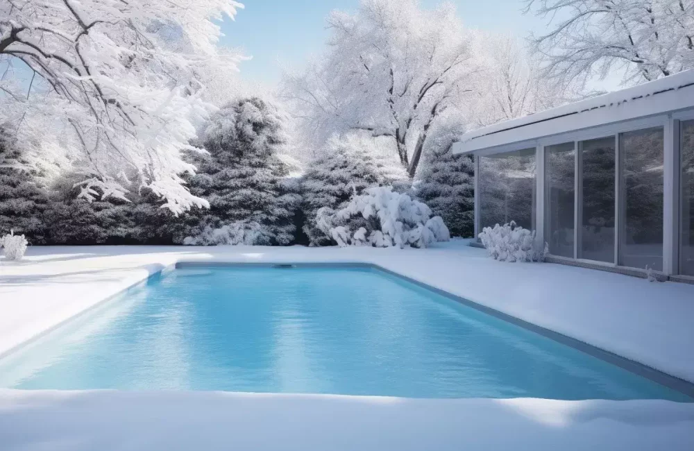 Piscine rectangulaire dans un jardin enneigé.